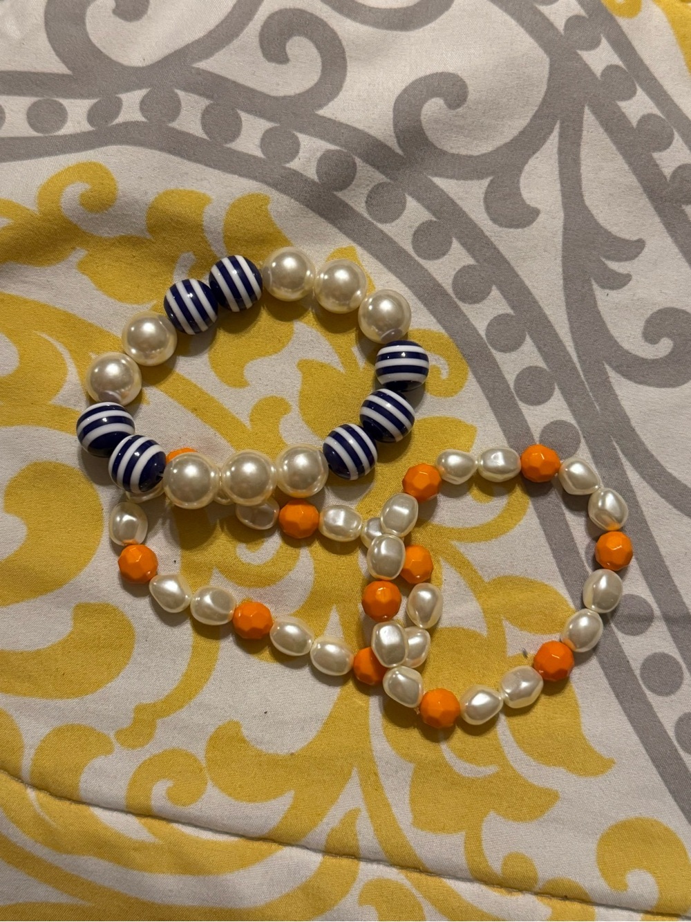 Beaded Pearl & Navy Stripe Stretch Bracelets - White, Navy, Orange